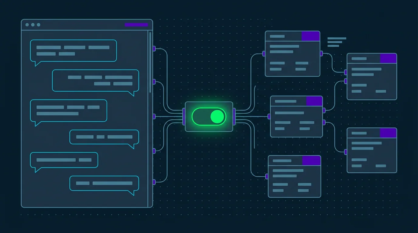 Google ad manager tools with an AI assistant console wired to ad account nodes and an approval switch